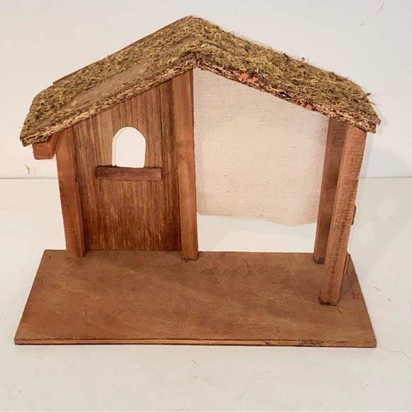 Vintage Christmas Nativity Creche Manger Stable Wood Moss Canvas - Picture 1 of 15